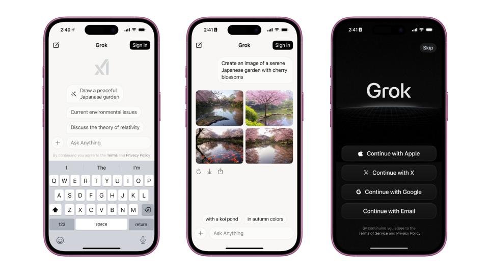 Tiga tangkapan layar aplikasi Grok yang menampilkan layar utama, pembuatan gambar, dan layar masuk.