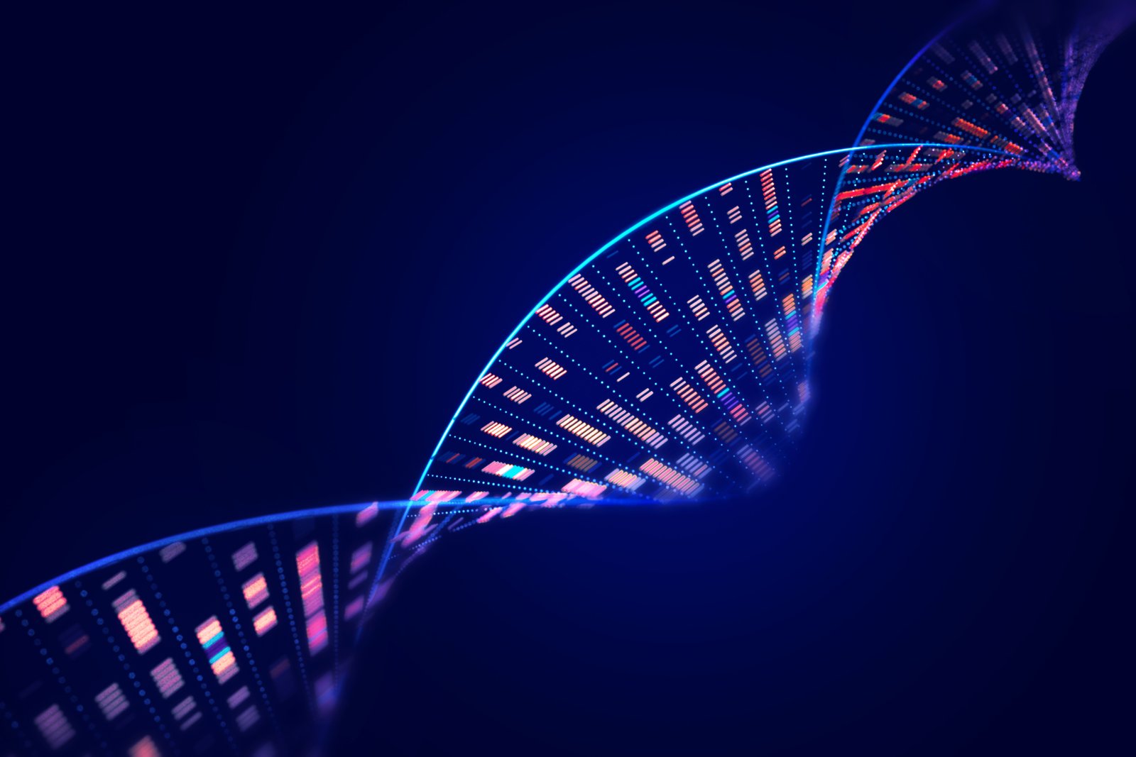 AI akan hadir untuk farmasi besar 5 Struktur molekul DNA dengan data pengurutan analisis genom manusia pada latar belakang hitam.