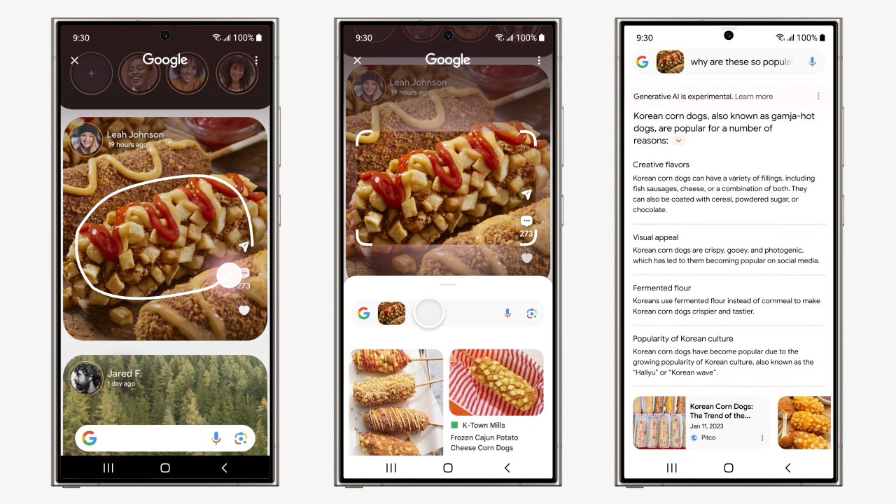 Demo di tiga layar ponsel (berjajar secara horizontal) fitur Circle to Search Google.  Di sebelah kiri, postingan sosial dengan corndog yang dilingkari.  Tengah: anjing jagung disorot dengan pop-up hasil pencarian di bagian bawah.  Kanan: hasil penelusuran lengkap untuk kueri corndog.