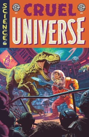 Sampul untuk Cruel Universe #1, menunjukkan seorang pria dalam pakaian antariksa dengan helm gelembung jadul memegang tombak dan melawan T-rex di arena futuristik