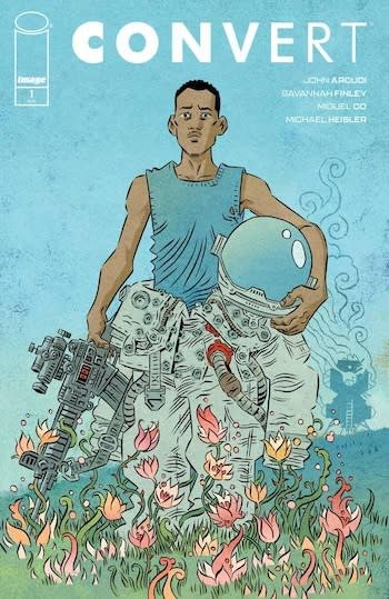 Horor pedesaan yang diresapi dengan mitologi Tiongkok, dan dunia alien yang subur di Convert 17 Sampul komik Convert edisi #1, memperlihatkan seorang pria mengenakan pakaian antariksa di bagian bawah tubuhnya dan memegang helm serta senjata besar, berdiri di ladang dengan flora berwarna-warni.