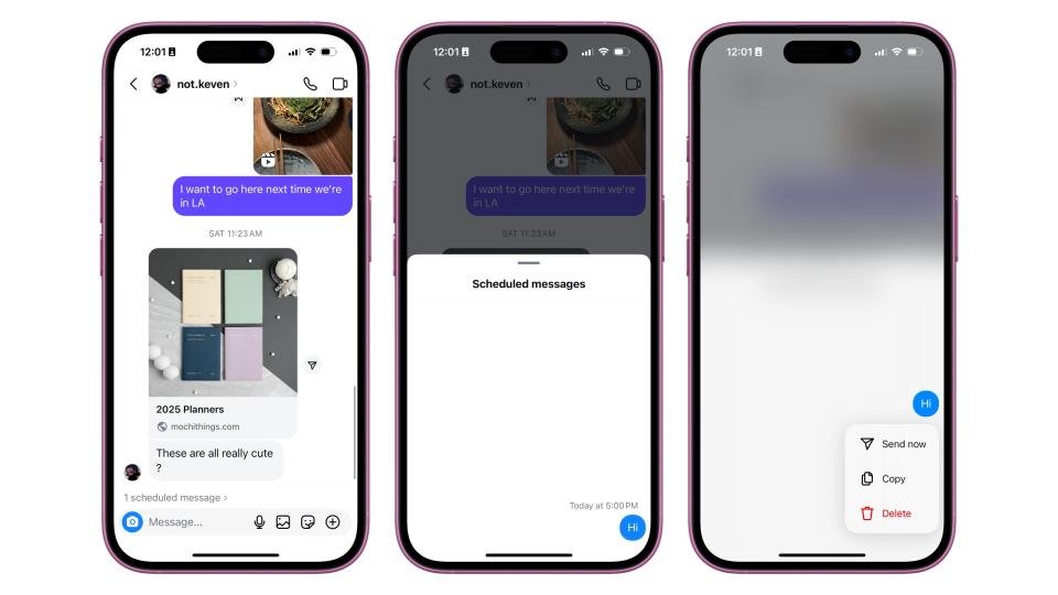 Obrolan Instagram, menu yang menampilkan pesan terjadwal, dan menu kontekstual yang muncul saat Anda menekan lama sebuah pesan.