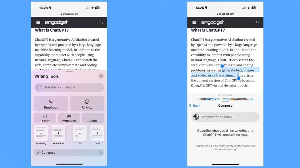 Cara menggunakan chatGPT di iPhone Anda 1 Tangkapan layar menu Alat Penulisan iOS 18.2.