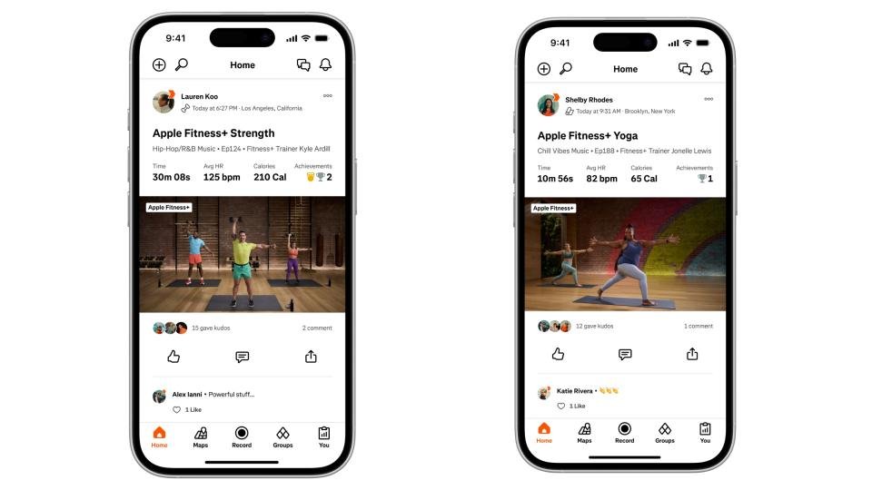 Apple Fitness+ mendapatkan integrasi Strava dan latihan baru 2 Dua iPhone berbeda menampilkan aplikasi Strava dan tampilannya saat Anda berbagi latihan Fitness+.