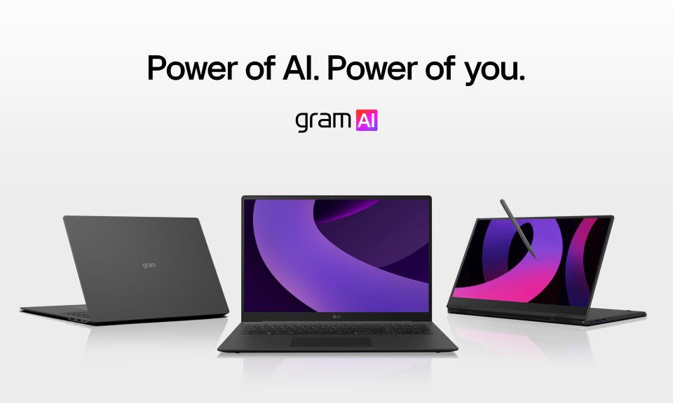 Tiga laptop LG Gram berbaris dengan teks 