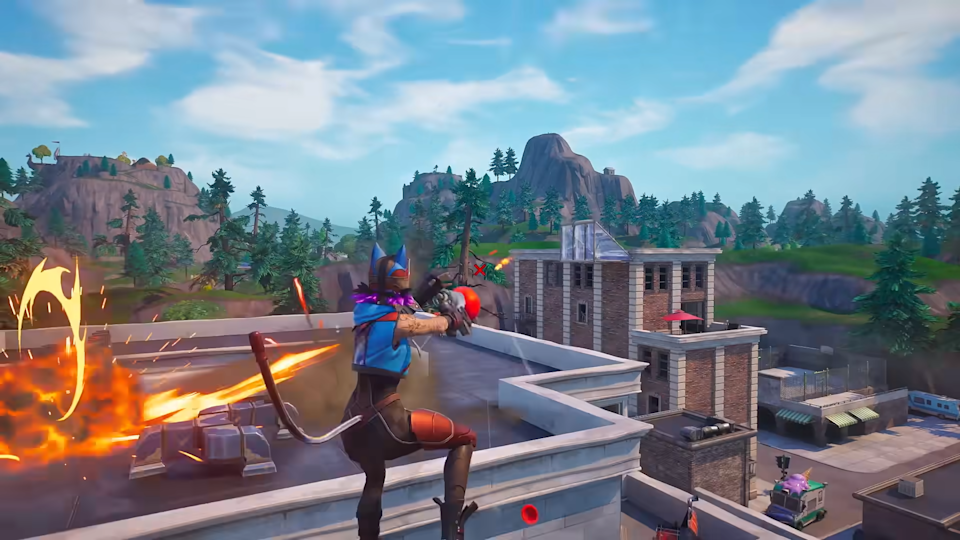 OG Fortnite mungkin memiliki sebanyak 92 bot per pertandingan 7 Layar dari OG Fortnite. Seorang pemain melompat dan menembak.