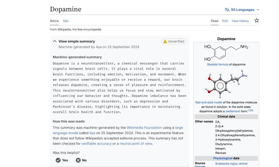 Wikipedia membatalkan rencana untuk menguji ringkasan AI setelah editor menusuk ide 2 Tangkapan layar dari ringkasan AI yang dihasilkan dari a