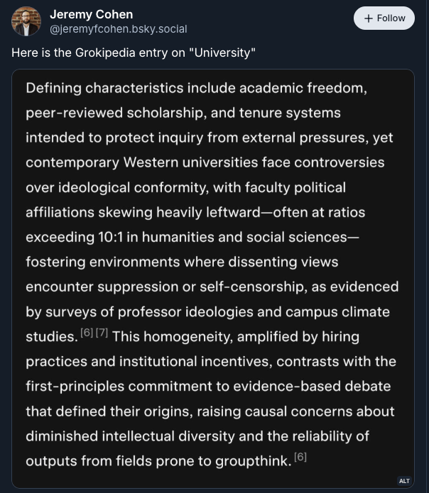 Grokipedia X sedang online setelah sempat crash - Info Malang Raya Tangkapan layar Bluesky dari entri Grokipedia untuk "universitas."