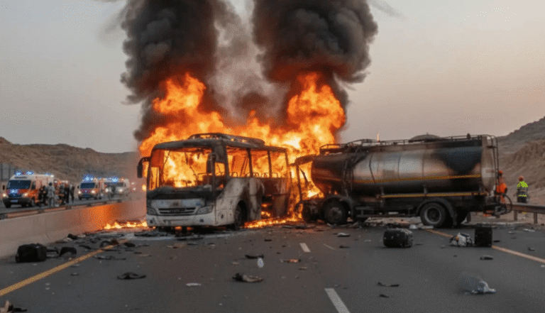 Bus jamaah umrah India bertabrakan dengan truk tangki diesel dan terbakar hebat - Info Malang Raya