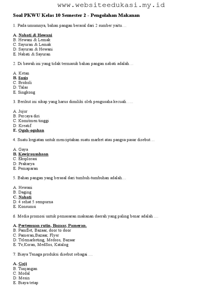 Soal PTS PKWU Kelas 10 SMA Semester 2 2026 Lengkap Jawaban