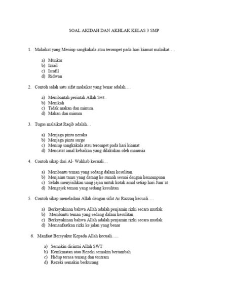 15 Soal Akidah Akhlak Kelas 3 SD Semester 2 Kurikulum Merdeka dan Jawaban