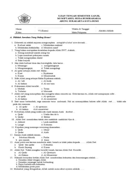 20 Soal Asesmen Akidah Akhlak MI Kelas 6 2026 dan Jawabannya